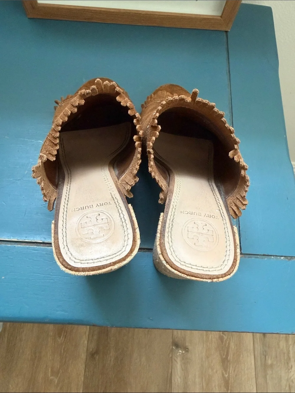 Tory Burch Chestnut Suede Fringe Slide Sandals